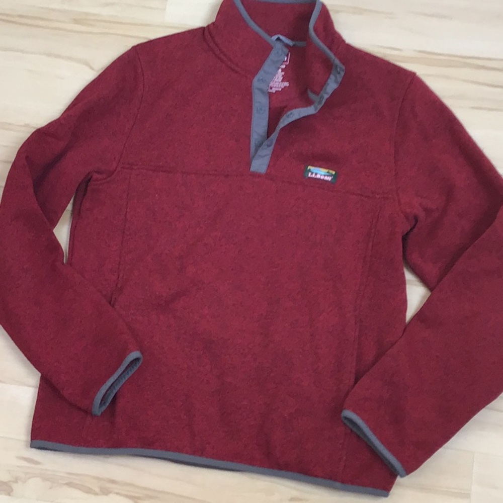 LLBean Heather Red Black 3/4 Snap Front Fleece Lined Sweater Pullover Jacket M